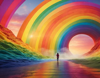 Eine Person steht auf einem nassen Weg inmitten einer surrealen, farbenprächtigen Landschaft mit riesigen, geschwungenen Regenbögen und farbigen Hügeln unter einem Abendhimmel.