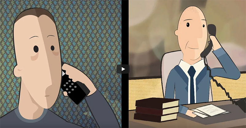 Zwei Personen in unterschiedlichen Räumen halten sich ein Telefon an das Ohr und telefonieren miteinander. Vor der einen Person liegen Bücher. Alles ist in einem Comicstyle gehalten.