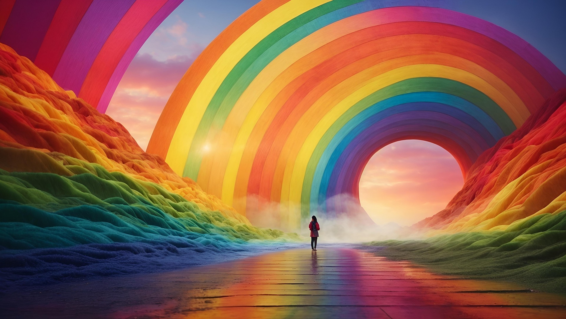 Eine Person steht auf einem nassen Weg inmitten einer surrealen, farbenprächtigen Landschaft mit riesigen, geschwungenen Regenbögen und farbigen Hügeln unter einem Abendhimmel.